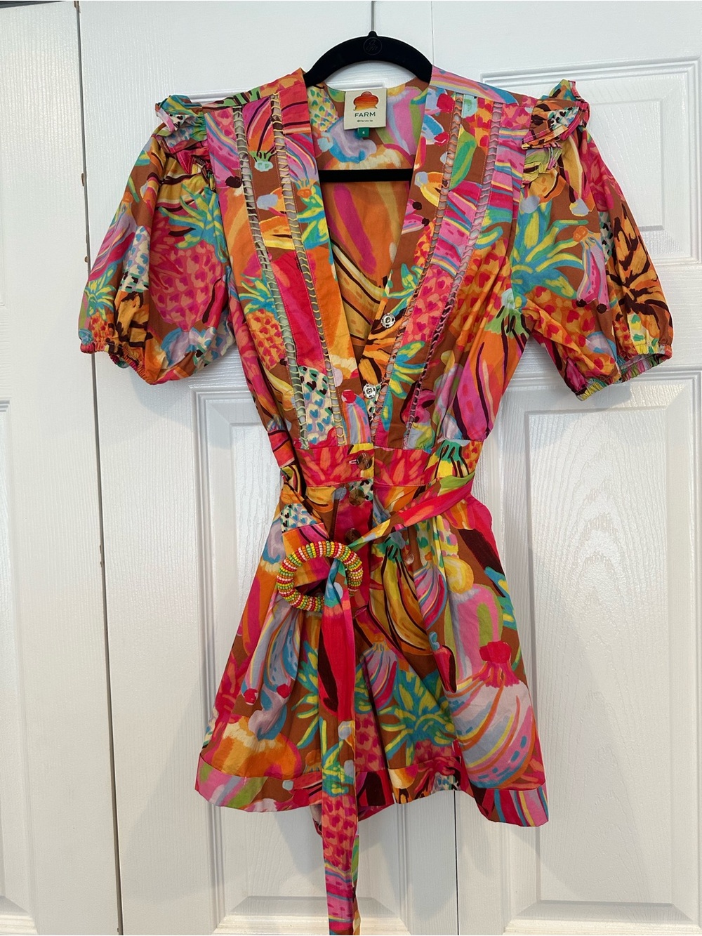 FARM Rio Multicolor Tropical Print Romper with Puff Sleeves